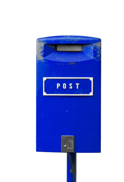 Blauer Briefkasten mit weißem Schriftzug auf weißem Hintergrund — Stockfoto