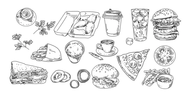 Conjunto Fast Food Bebidas Lineart Vetorial — Vetor de Stock