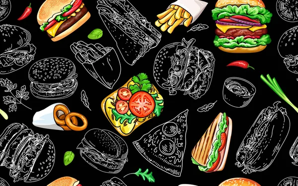 Płynny Wzór Hamburgerów Fast Food — Wektor stockowy