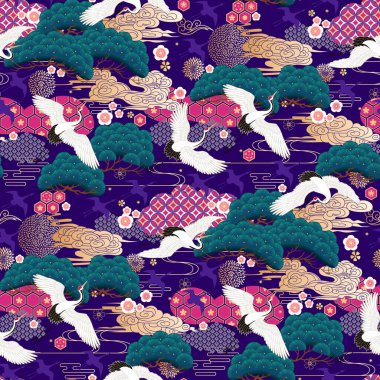Seamless pattern with japanese cranes clipart