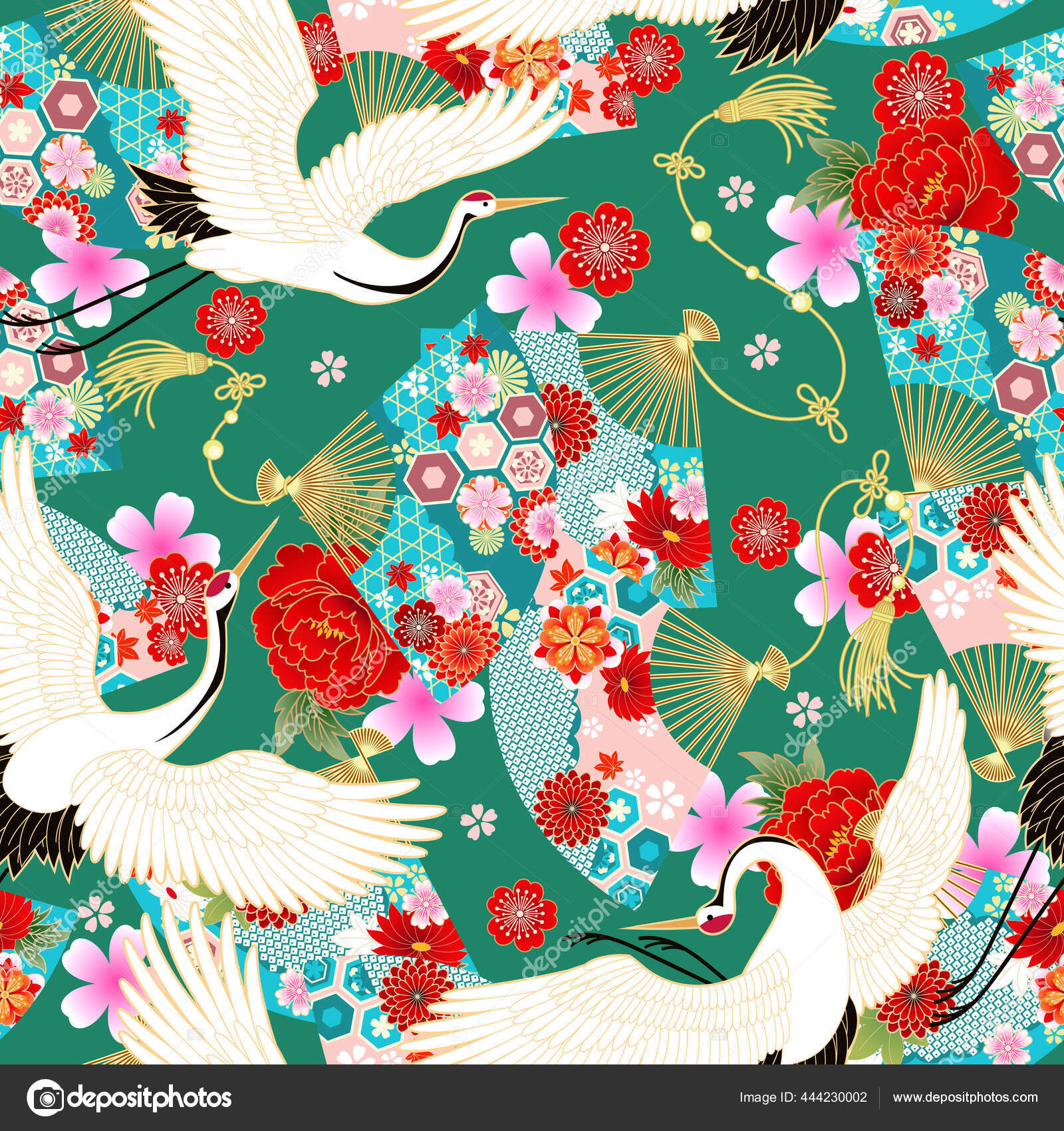 Seamless wallpaper with fans in asian style for design of summer dress fabr...