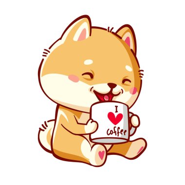 Şirin Shiba Inu kahve içer.