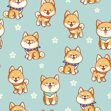 Seamless pattern with cute Shiba