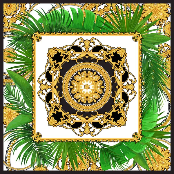 Ontwerp van zijden sjaal met gouden rococo-elementen en tropische palmbladeren — Stockvector