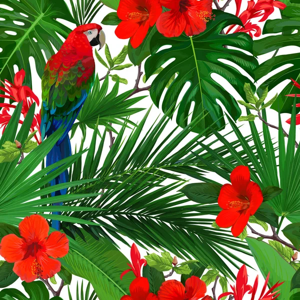Tropikalny bezszwowy wzór z czerwonymi kwiatami — Wektor stockowy