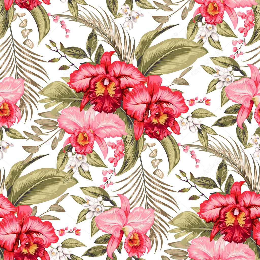 Seamless tropical background with pink orchid and palm leaves