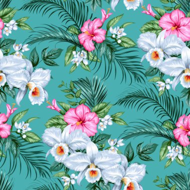 Beyaz orkideler ve palmiye yapraklarıyla kusursuz tropikal arkaplan