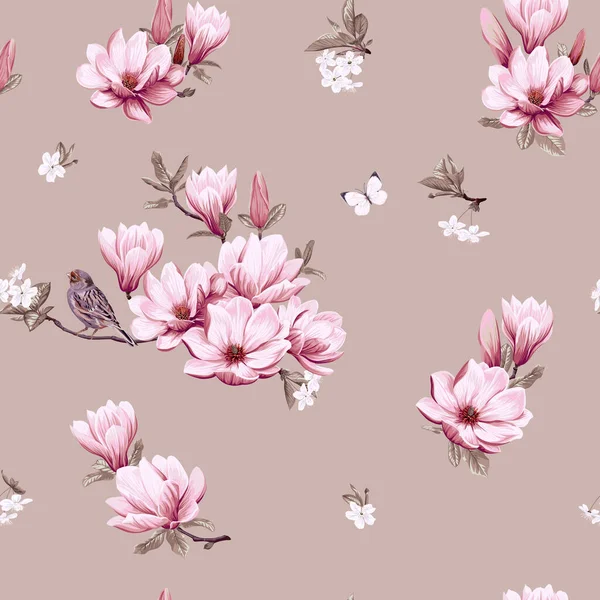 Fondo sin costuras de primavera con magnolia — Vector de stock