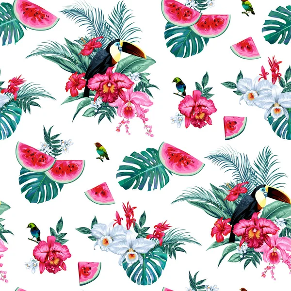 Nahtloses Muster mit tropischen Blumen und Vögeln — Stockvektor