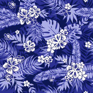 Yaz elbisesi kumaşı için palmiye yaprakları olan kusursuz tropikal çiçekli bir arka plan.