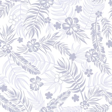 Yaz elbisesi kumaşı için palmiye yaprakları olan kusursuz tropikal çiçekli bir arka plan.