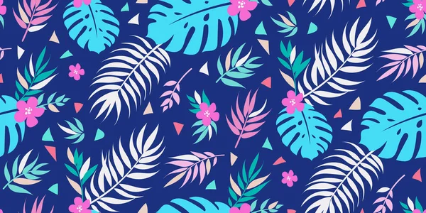 夏のドレス生地のためのヤシの葉とシームレス熱帯の花の背景 — ストックベクタ