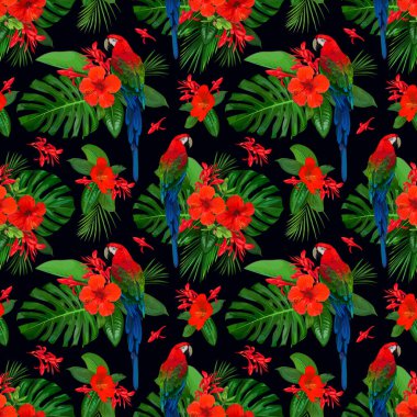 Kırmızı çiçekli, tropik, pürüzsüz desen ve duvar kâğıdı tasarımı için papağan.