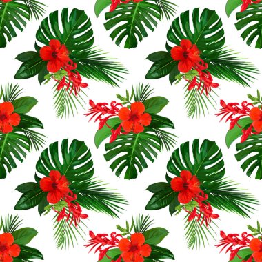 Duvar kâğıdı tasarımı için kırmızı çiçek desenli tropik, pürüzsüz desen