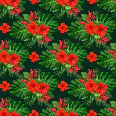 Duvar kâğıdı tasarımı için kırmızı çiçek desenli tropik, pürüzsüz desen