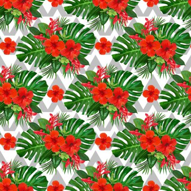 Duvar kâğıdı tasarımı için kırmızı çiçek desenli tropik, pürüzsüz desen