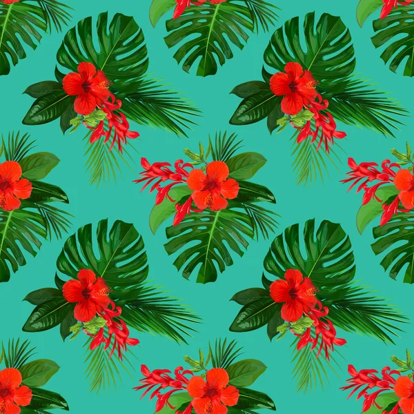 Motif tropical sans couture avec des fleurs rouges d'hibiscus pour la conception de papier peint — Image vectorielle