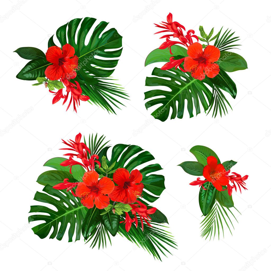 Set of tropical floral elements for greeting card