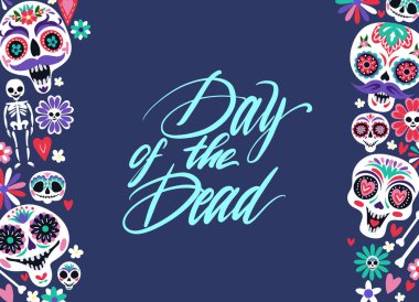 Geleneksel Meksika Ölüler Günü için kafatasları şekerli tebrik kartı.