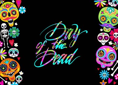 Geleneksel Meksika Ölüler Günü için kafatasları şekerli tebrik kartı.