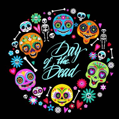 Geleneksel Meksika Ölüler Günü için kafatasları şekerli tebrik kartı.