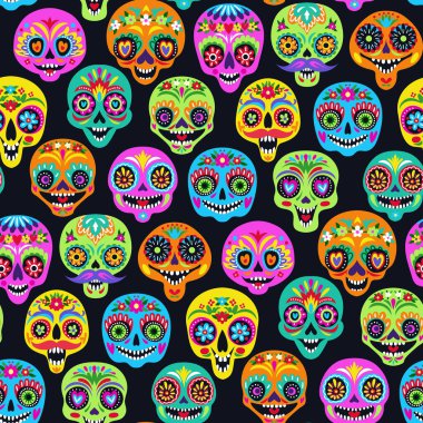 Tatil evi dekorasyonu için şeker kafatasları ve kusursuz desenler. Ölüler Günü