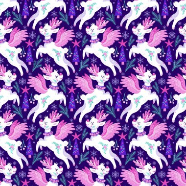 Geyik ambalaj kağıdı için kusursuz bir Noel şablonu. Vektör