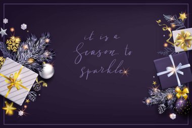Hediye kutuları ve çam ağacının dallarıyla Noel arkaplanı