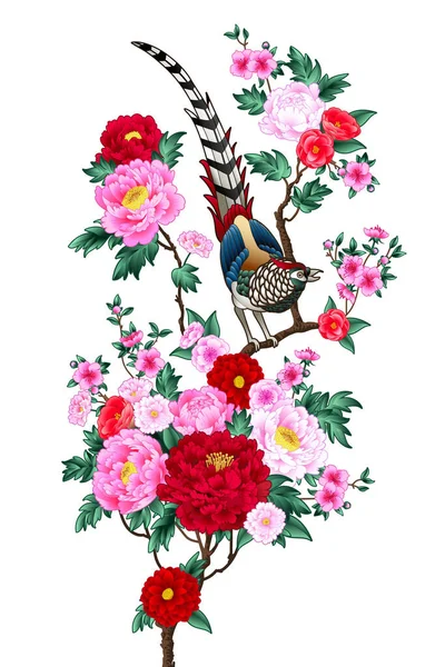 垂直キャンバスに牡丹の枝と中国のキジを開花させる — ストックベクタ