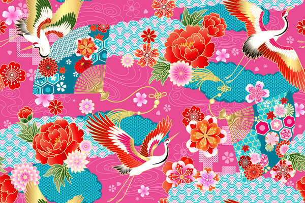 Seamless pattern with floral motives and cranes