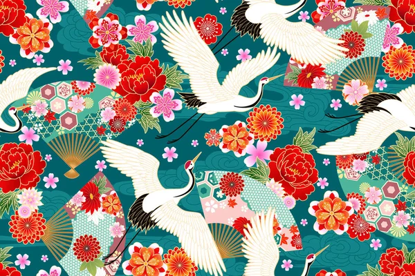 Seamless pattern with floral motives and cranes — Stock Vector