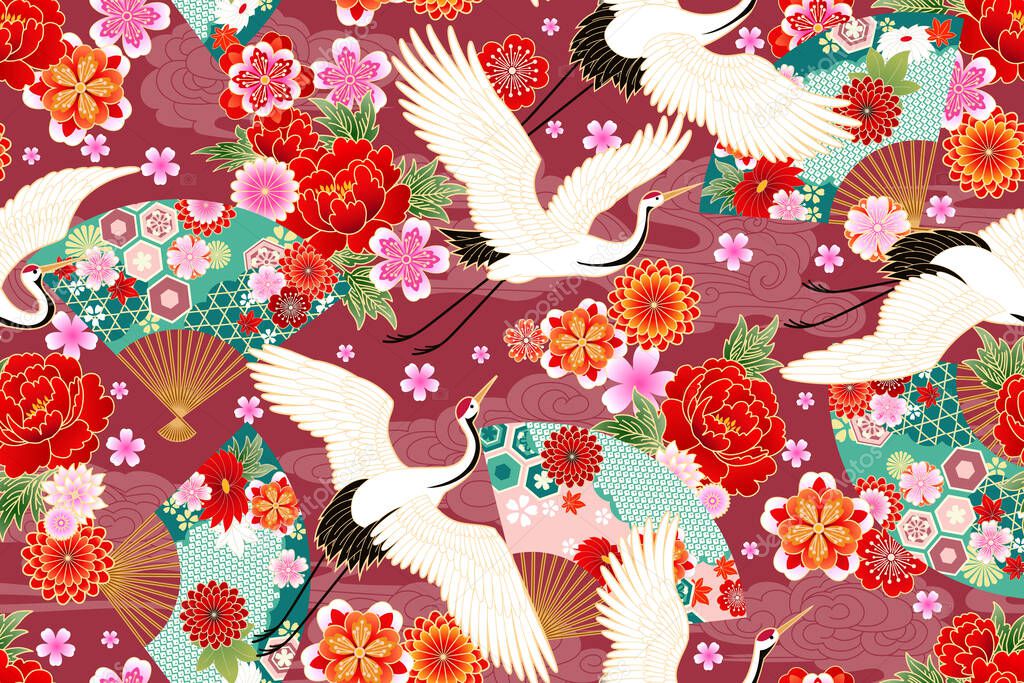 Seamless pattern with floral motives and cranes