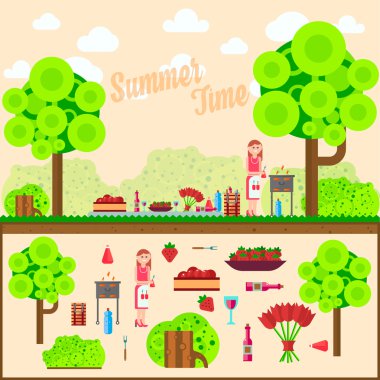 Meyve, şarap, Barbekü, çim üzerinde ızgara. Yaz piknik çayır. Web sitesi, afiş için düz çizimler vektör.