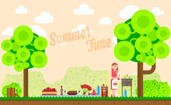 Fruits, vin, barbecue, grill sur l'herbe. Prairie de pique-nique d'été. Illustrations vectorielles plates pour site web, bannières . — Image vectorielle