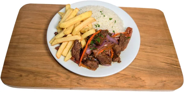 Peruaans Eten Lomo Saltado Frietjes Met Vlees Gele Peper Peterselie Rechtenvrije Stockafbeeldingen