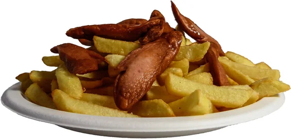 Peruaanse Levensmiddelen Salchipapas Bord Aardappelen Gebakken Worsten — Stockfoto