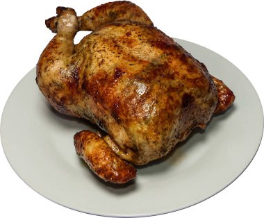 Peru yemekleri Pollo a la Brasa, beyaz arka planda kızarmış tavuk..