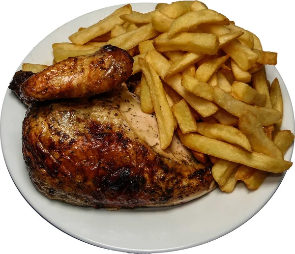 Peruaans Eten Pollo Brasa Frietjes Rotisserie Kip Witte Achtergrond Stockfoto