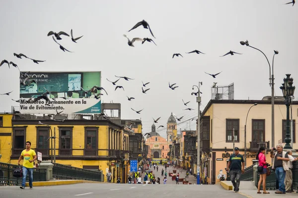 Palomas Volando Sobre Puente Con Distrito Rimac Lima Perú Fondo — Foto de Stock