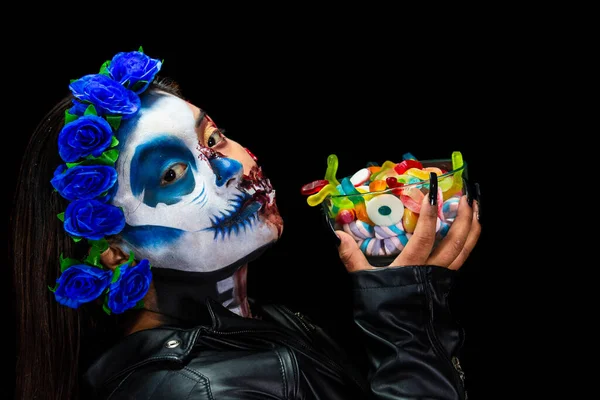 Halloween Catrina Zombie Essen Farbige Süßigkeiten Kostüm Und Make Halloween — Stockfoto