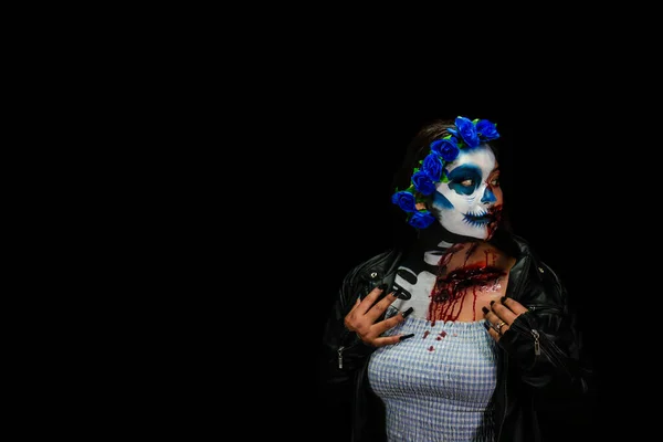 Traje Halloween Maquiagem Retrato Calavera Catrina Zombie Retrato Uma Mulher — Fotografia de Stock