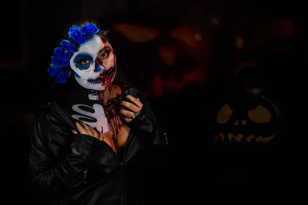 Cadılar Bayramı Kostümü Makyaj Calavera Catrina Zombie Nin Portresi Bir — Stok fotoğraf