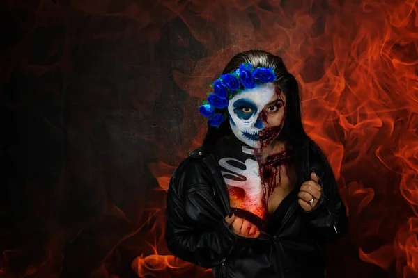 Cadılar Bayramı Kostümü Makyaj Calavera Catrina Zombie Nin Portresi Bir — Stok fotoğraf