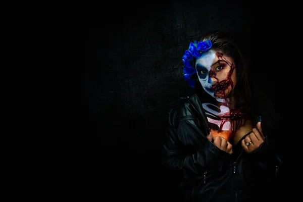 Halloweenský Kostým Makeup Portrét Calavery Catriny Zombie Portrét Ženy — Stock fotografie