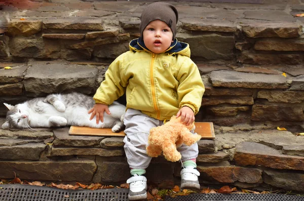 秋におもちゃの散歩をする子供 — ストック写真