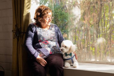 Yetişkin bir kadın ve köpeği pencerede oturuyor.