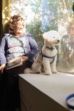 Emekli kadın pencerede köpeğinin yanında dinleniyor.