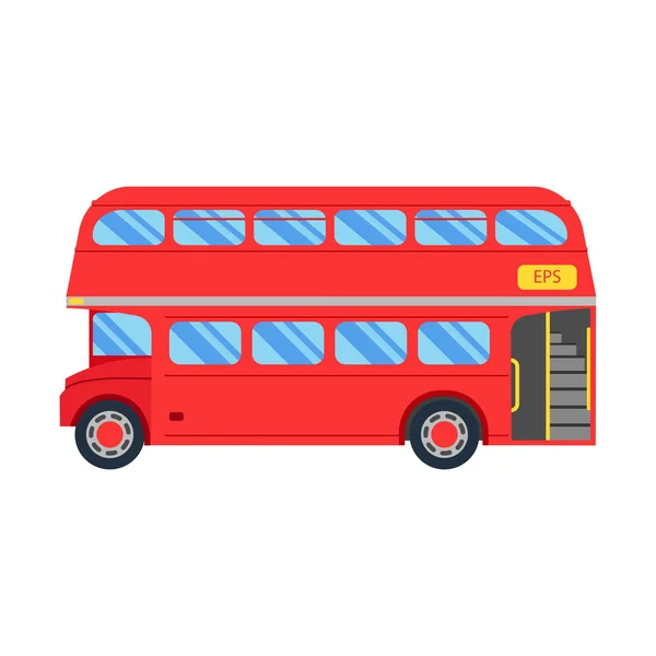 ●ダブルデッカーレッドバスベクトルイラスト、フラットデザイン。市の公共交通機関サービス車両レトロバス、白い背景に隔離されたダブルデッカー — ストックベクタ