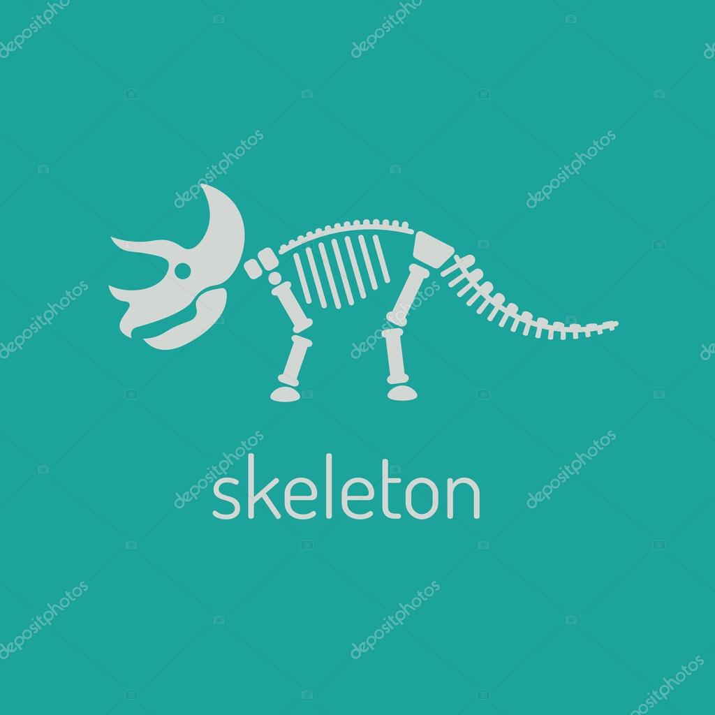 Dinosaur skeleton. Triceratops. Vector Image triceratops skeleton isolated on green background.Can be used as logo. For flat illustrations