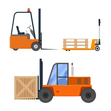 Beyaz arka plan üzerinde izole forklift kamyon set vektör çizim